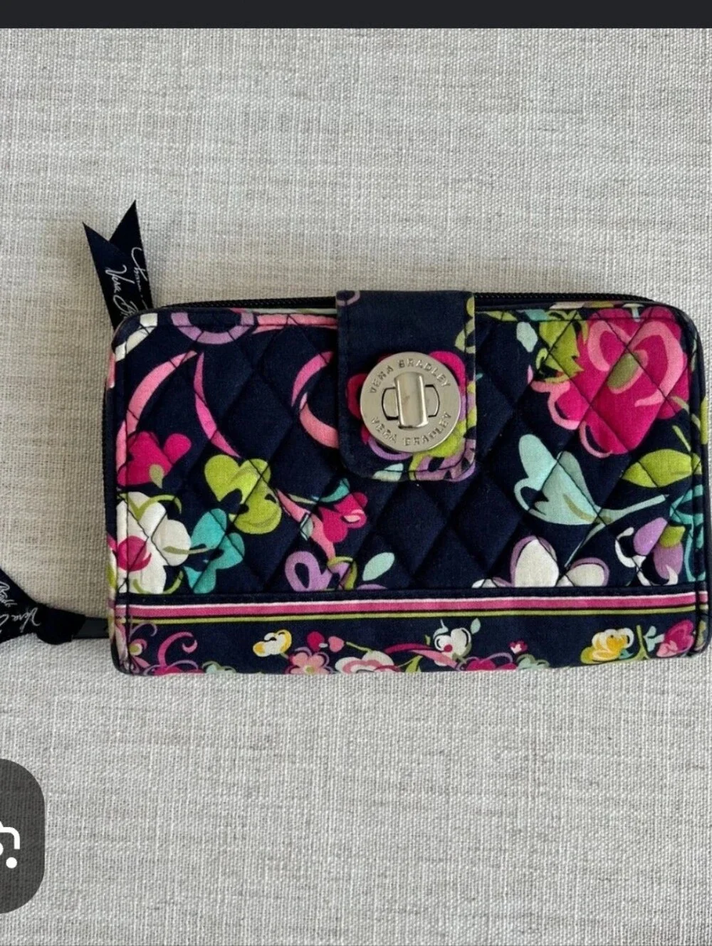 Vera Bradley Turnlock Wallet Flower Shower Navy Floral Quilted Zip Accordion